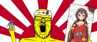 anime arm closed_eyes country flag glasses hachimaki hand headband holding_object japan megumin mustache open_mouth pillow small_eyes soyjak stubble variant:a24_slowburn_soyjak yellow yellow_skin // 1336x576 // 329.8KB