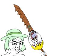 badge bloodshot_eyes chainsaw_man closed_mouth clothes crying crystal_cafe glasses green_eyes green_hair hair hanging hat holding_object holding_sword impaled nate open_mouth rope severed_head smile smug soot_colors soyjak soyjak_party stubble suicide sword tongue variant:bernd variant:chudjak weapon yellow_hair // 1858x1796 // 105.3KB