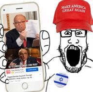 arm badge baseball_cap clothes donald_trump glasses hand hat holding_object holding_phone iphone israel maga maga_hat open_mouth phone politics red_hat soyjak star star_of_david stubble subvariant:phoneplier subvariant:phoneplier_vertical tshirt united_states variant:markiplier_soyjak // 953x946 // 908.3KB