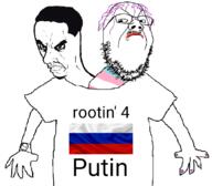 2soyjaks angry arm closed_mouth clothes flag get_along_shirt glasses hair handwatch purple_hair putin russia russo_ukrainian_war siamese_twins soyjak stubble subvariant:chudjak_seething text tranny tshirt variant:chudjak variant:gapejak // 720x629 // 151.8KB