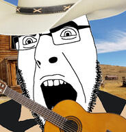 angry clothes cowboy cowboy_hat desert glasses guitar hat irl_background open_mouth soyjak stubble variant:cobson wild_west // 676x707 // 372.4KB