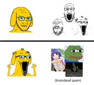 4chan anime arm balding concerned dog ear frog furude_rika glasses gritting_teeth hand hands_up higurashi janny mustache open_mouth pepe place_japan soyjak stubble subvariant:wewjak tranny variant:soyak yellow yellow_skin // 1640x1474 // 958.4KB