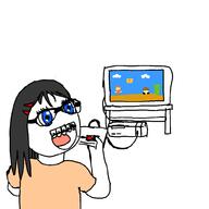 arm blue_eyes braces clothes female girl glasses hair hand holding_object long_hair mario nes nintendo nintendo_entertainment_system open_mouth redraw soyjak television tshirt variant:soytan video_game // 1000x1000 // 33.3KB