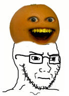 annoying_orange closed_mouth clothes concerned food frown fruit fruitjak glasses hat open_mouth soyjak stubble yellow_teeth youtube // 378x527 // 113.2KB