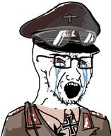bloodshot_eyes clothes collar_tabs collared_shirt crying glasses hat iron_cross military_hat nazism open_mouth peaked_cap politics reichsadler soyjak stubble variant:soyak // 600x734 // 315.4KB