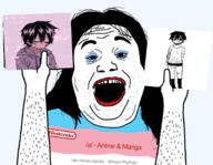 4chan a_(4chan) anime arm clothes ear flag hair hand holding_object japanese_text lee_hooni leg makeup nintendo open_mouth soyjak stubble suicide_boy text tranny transparent variant:alicia vidya // 2048x1586 // 1.3MB