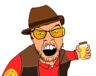 angry arm brown_hair clothes fedora glasses hair hand hat holding_object jacket meds mustache open_mouth sniper soyjak stubble sunglasses team_fortress_2 variant:feraljak vidya white_skin // 1900x1500 // 55.7KB