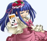 anime beatrice blue_hair bouquet bowtie clothes crying distorted dress female furudo_erika glasses hand hat phone ribbon smirk smug soyjak stubble umineko variant:cryboy_soyjak // 781x681 // 826.1KB