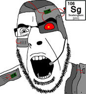 angry antenna chemistry cyborg element glasses open_mouth red_eyes seaborgium soyjak stubble text variant:cobson // 721x789 // 119.1KB