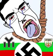 bloodshot_eyes bulgaria chud crying fascism hair hanging mustache nazism open_mouth rope soyjak subvariant:chudjak_front suicide swastika text tongue variant:chudjak yellow_teeth // 720x755 // 323.7KB
