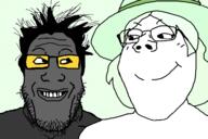 2soyjaks are_you_soying_what_im_soying closed_mouth clothes crystal_cafe femjak glasses green_hair grey_skin hair hat looking_at_each_other smile soot soot_colors soyjak soyjak_party stubble subvariant:gapejak_female variant:gapejak variant:markiplier_soyjak // 1200x800 // 415.6KB