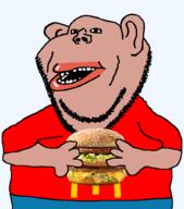 amerimutt arm brown_skin clothes ear hamburger hand holding_object lips mcdonalds mutt open_mouth red_shirt soyjak stubble subvariant:impish_amerimutt variant:impish_soyak_ears // 897x1021 // 166.6KB