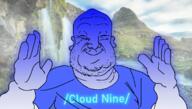 bald blue_skin calm closed_eyes closed_mouth clothes ear fat hand hands_up irl_background sky smile stubble text tshirt variant:heelvsjak waterfall // 1193x677 // 800.7KB