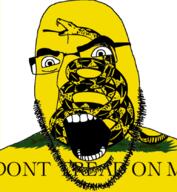angry don't_tread_on_me flag glasses libertarian libertarian_party no_step_on_snek open_mouth snake soyjak stubble text variant:cobson // 770x834 // 320.4KB