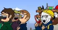 2soyjaks arm bloodshot_eyes brown_hair clothes construction crying eddsworld fist glasses hair hand hat helmet laughing open_mouth soyjak stubble variant:chudjak variant:soyak video_game white_skin yellow_hair // 1256x656 // 550.3KB