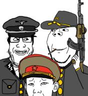 3soyjaks alternate_history are_you_soying_what_im_soying arm cigarette clothes communism confederate ear gay glasses gun hand hat holding_object kgb looking_at_each_other military military_cap nazi rape schutzstaffel sex smile soyjak star stubble uniform variant:kuzjak // 1282x1402 // 382.2KB