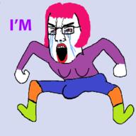 angry animated bloodshot_eyes clothes crying dance full_body gif glasses hair monkey_dance open_mouth penis pink_hair soyjak text tranny variant:chudjak // 800x800 // 255.5KB