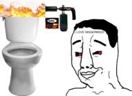 closed_mouth flamethrower hair nigger_weed red_eyes smile text toilet torch variant:chudjak weed // 974x704 // 292.5KB