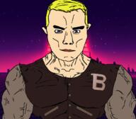 blond blue_eyes clothes hotline_miami jacket_(hotline_miami) muscles muscular_male subvariant:chudjak_front subvariant:muscular_chud synthwave variant:chudjak video_game // 1059x929 // 409.0KB