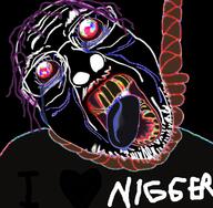 black_skin deformed glasses hair hanging i_heart_nigger i_love inverted mustache negative_colors nigger nightmare_fuel open_mouth purple_hair rope scary soyjak stubble suicide text tranny variant:bernd yellow_teeth // 726x711 // 463.8KB