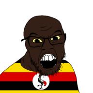 black_skin clothes country flag glasses open_mouth small_eyes soyjak stubble uganda variant:feraljak // 1500x1500 // 42.6KB