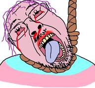 blood bloodshot_eyes clothes crying flag glasses hair hanging mustache open_mouth pink pink_skin purple_hair rope soyjak stubble suicide tongue tranny variant:gapejak_front yellow_teeth // 760x704 // 323.0KB