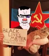 animal balding black_lives_matter bruise cat clothes communism donetsk flag pink_skin russia soyjak text variant:chudjak vatnik // 360x409 // 143.2KB
