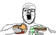 arm burger_king daym_drops eating food glasses hamburger hand holding_object impossible_whopper looking_down mustache open_mouth seared_bite soyjak stubble variant:a24_slowburn_soyjak youtube // 540x340 // 25.5KB