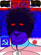 closed_mouth clothes communism distorted ear flag glasses grin hair hammer_and_sickle hand lgbt pentagram red_eyes soyjak tranny ugly variant:kuzjak // 810x1080 // 427.0KB