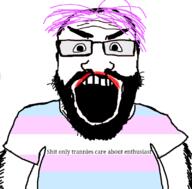 angry arm beard clothes enthusiast flag flag:transgender_pride_flag glasses lipstick open_mouth pride_flag purple_hair soyjak subvariant:science_lover text tranny variant:markiplier_soyjak // 800x789 // 96.9KB