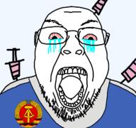 bloodshot_eyes communism country crying east_germany flag germany glasses needle open_mouth soccer soyjak stubble variant:bernd // 1200x1125 // 247.4KB