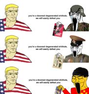 3soyjaks arm asian bloodshot_eyes chad china clothes communism country crying flag glasses hair hand hat helmet holding_object military nazi nordic_chad open_mouth politics screaming small_eyes soviet_union soyjak star stretched_mouth stubble swastika text united_states variant:classic_soyjak yellow_skin // 2037x2146 // 1.4MB