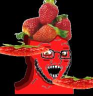 crazed food fruit fruitjak glasses open_mouth red_skin soyjak strawberry stubble variant:classic_soyjak yellow_eyes // 325x336 // 142.0KB
