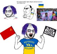 black_lives_matter clothes communism hammer_and_sickle hand_arm_holding hanging leg looking_down makeup multiple_soyjaks mustache necklace nordic_chad open_mouth purple_hair refugees_welcome rope soviet_union soyjak soyjak_comic star stubble suicide text tongue tranny tshirt ukraine variant:bernd variant:soyak xi_jinping yellow_teeth // 1121x1057 // 719.0KB