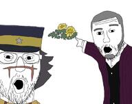 2soyjaks anime arm beard clothes flower glasses golden_kamuy grey_hair hair hand hat open_mouth plant pointing soyjak stubble variant:two_pointing_soyjaks // 2048x1619 // 578.5KB