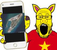 animal arm asian clothes country flag flag:vietnam glasses hand holding_object holding_phone iphone open_mouth phone pig red_shirt small_eyes soyjak star_(symbol) stubble subvariant:phoneplier subvariant:phoneplier_vertical tshirt variant:markiplier_soyjak vietnam yellow_skin // 680x593 // 383.1KB