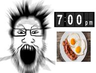 bacon blur breakfast breakfast_for_dinner egg glasses hair irl open_mouth plate soyjak stubble variant:markiplier_soyjak // 1042x800 // 158.6KB