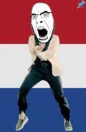animated country dance flag full_body gangnam_style glasses irl netherlands open_mouth push_pin soyjak sticky stubble variant:cobson // 300x460 // 806.2KB