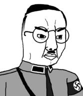 angry black_and_white closed_mouth clothes glasses hair himmler mustache nazism soyjak swastika thick_eyebrows variant:chudjak // 870x1000 // 28.4KB