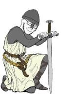arm closed_eyes closed_mouth clothes full_body glasses hand history holding_object kneel knight leg soyjak stubble sword variant:classic_soyjak // 454x698 // 318.9KB