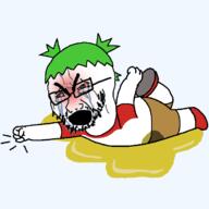 4chan angry animated anime bloodshot_eyes clothes crying fist full_body glasses green_hair hair open_mouth piss soyjak stubble tantrum urine variant:soyak yotsoyba // 700x700 // 124.4KB