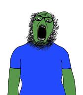 arm beard clothes frog glasses green_skin hair open_mouth pepe soyjak tshirt variant:ignatius // 656x748 // 83.3KB