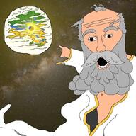 arm balding beard clothes earth god grey_hair hand mustache nipple open_mouth pointing soyjak space variant:two_pointing_soyjaks // 635x635 // 106.5KB