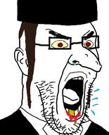 blood clothes glasses hat judaism mucus open_mouth soyjak spit stubble tongue variant:imhotep yellow_teeth // 529x655 // 88.5KB