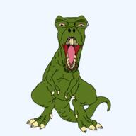 bloodshot_eyes dinosaur distorted full_body glasses open_mouth sharp_teeth soyjak stubble tail tongue tyrannosaurus variant:bernd yellow_teeth // 1600x1600 // 78.7KB