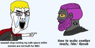 arm badge bbc beard bloodshot_eyes clothes crying glasses grey_skin hair hand lolkekkeklmaolmaolmaoxdhaha_(user) nate nordic_chad open_mouth pointing purple_hair queen_of_spades soot_colors soyjak soyjak_party tattoo text tranny tshirt variant:chudjak yellow_hair // 1399x709 // 196.8KB