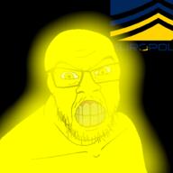 angry black_background clenched_teeth closed_mouth europolice glasses glowie glowing logo looking_at_you mustache soyjak stubble teeth text variant:feraljak yellow_eyes yellow_skin yellow_teeth // 1000x1000 // 129.5KB
