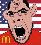 american_flag americium amerimutt brown_eyes brown_skin chemistry clothes country ear element flag glasses mcdonalds open_mouth soyjak stubble text united_states variant:cobson // 578x632 // 327.6KB
