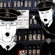2soyjaks arm armband beer belt blue_eyes clothes collared_shirt ear germany hand hat_ornament irl_background jaw military military_hat military_uniform nazism necktie open_mouth peaked_cap reichsadler schutzstaffel skull_hat_ornament soyjak totenkopf variant:two_pointing_soyjaks // 549x549 // 101.3KB