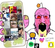 arm badge blood bloodshot_eyes coomer cracked_teeth dirty foaming_at_the_mouth glasses hand heart holding_object holding_phone instagram iphone open_mouth phone pink_skin porn_addiction reddit snapchat soyjak spotify stubble subvariant:phoneplier subvariant:phoneplier_vertical variant:markiplier_soyjak yellow_teeth // 2160x1884 // 2.8MB